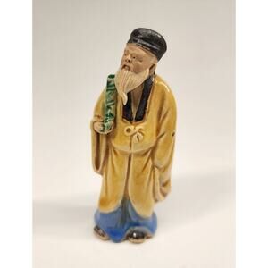 Vintage Shiwan Mudman Figurine China – Bearded Scholar Holding Scroll – 3.25